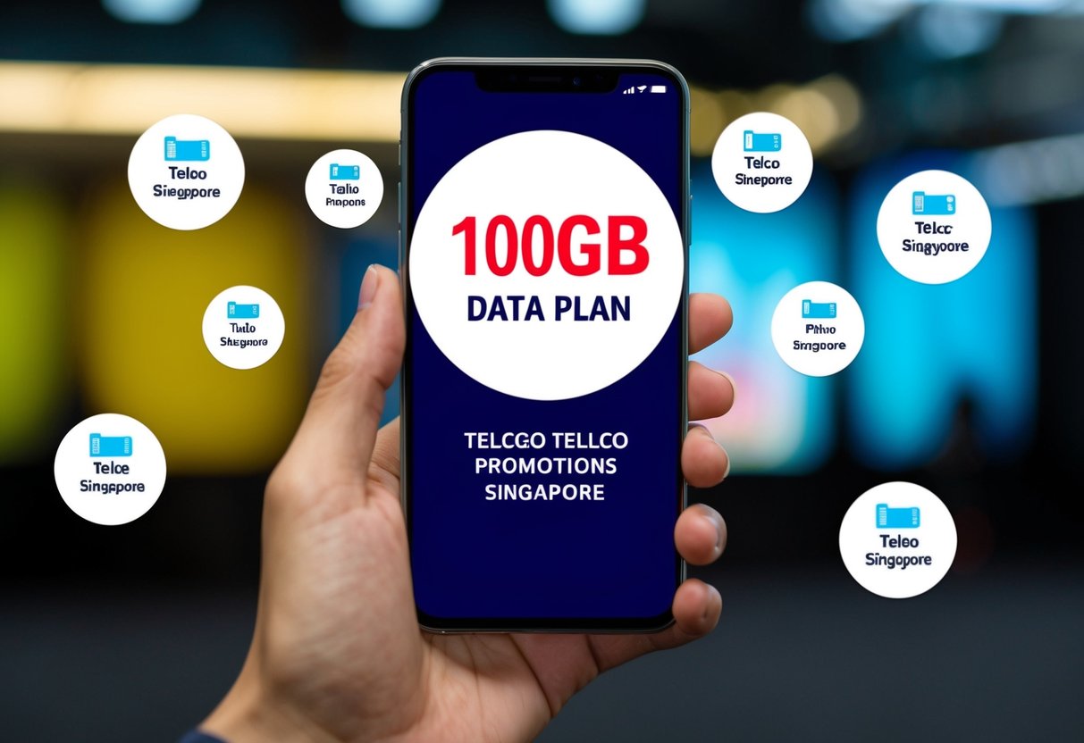 A smartphone with a large circle representing the 100GB data plan, surrounded by smaller circles symbolizing telco promotions in Singapore