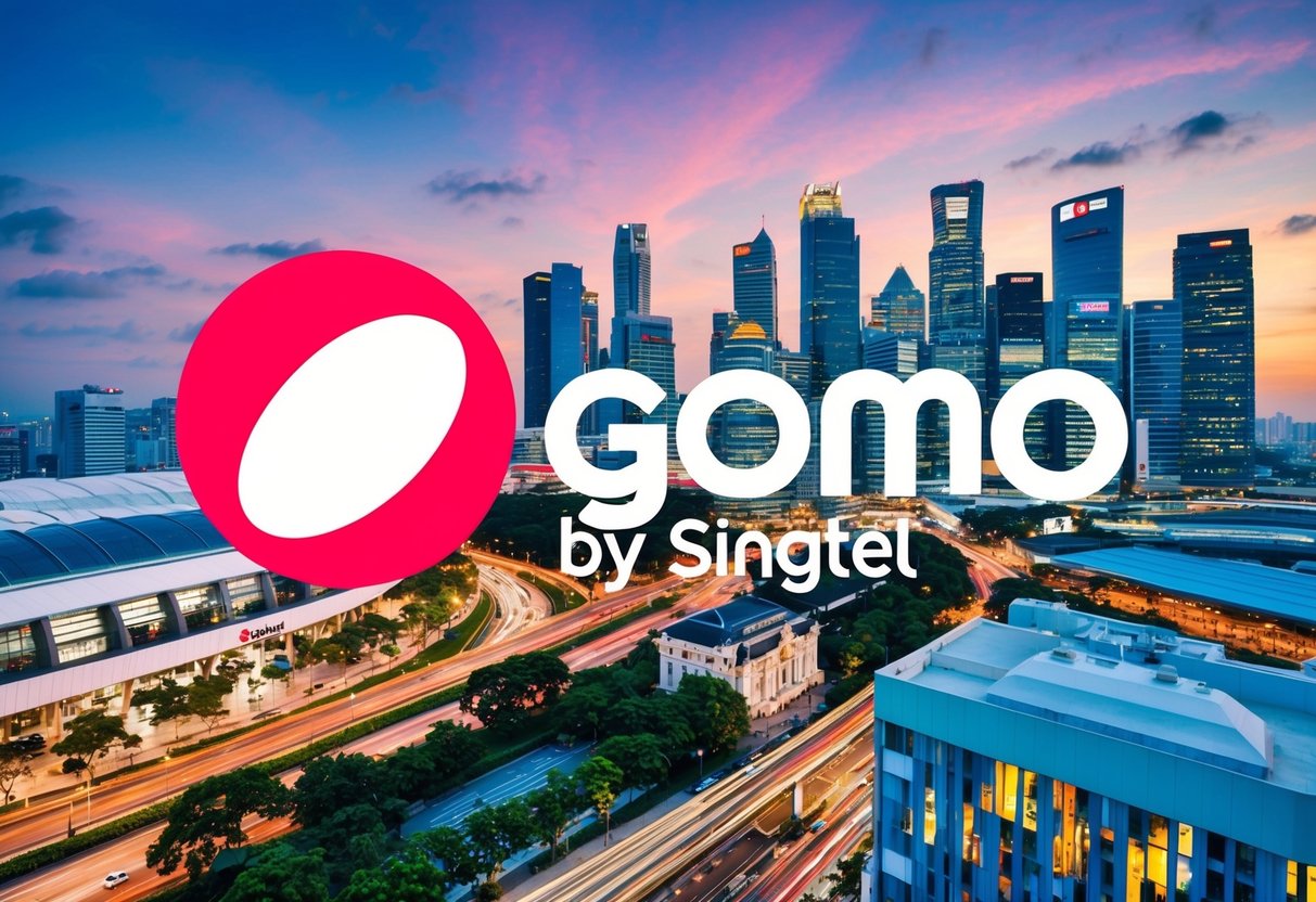 A vibrant cityscape with iconic Singapore landmarks, featuring the Gomo by Singtel logo prominently displayed amidst bustling streets and modern architecture