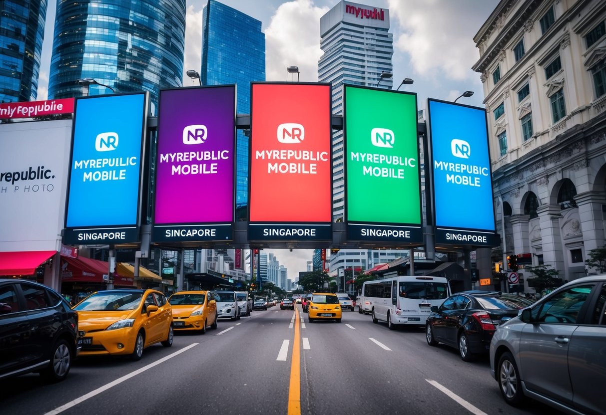 A bustling city street with colorful billboards promoting MyRepublic Mobile Plans in Singapore