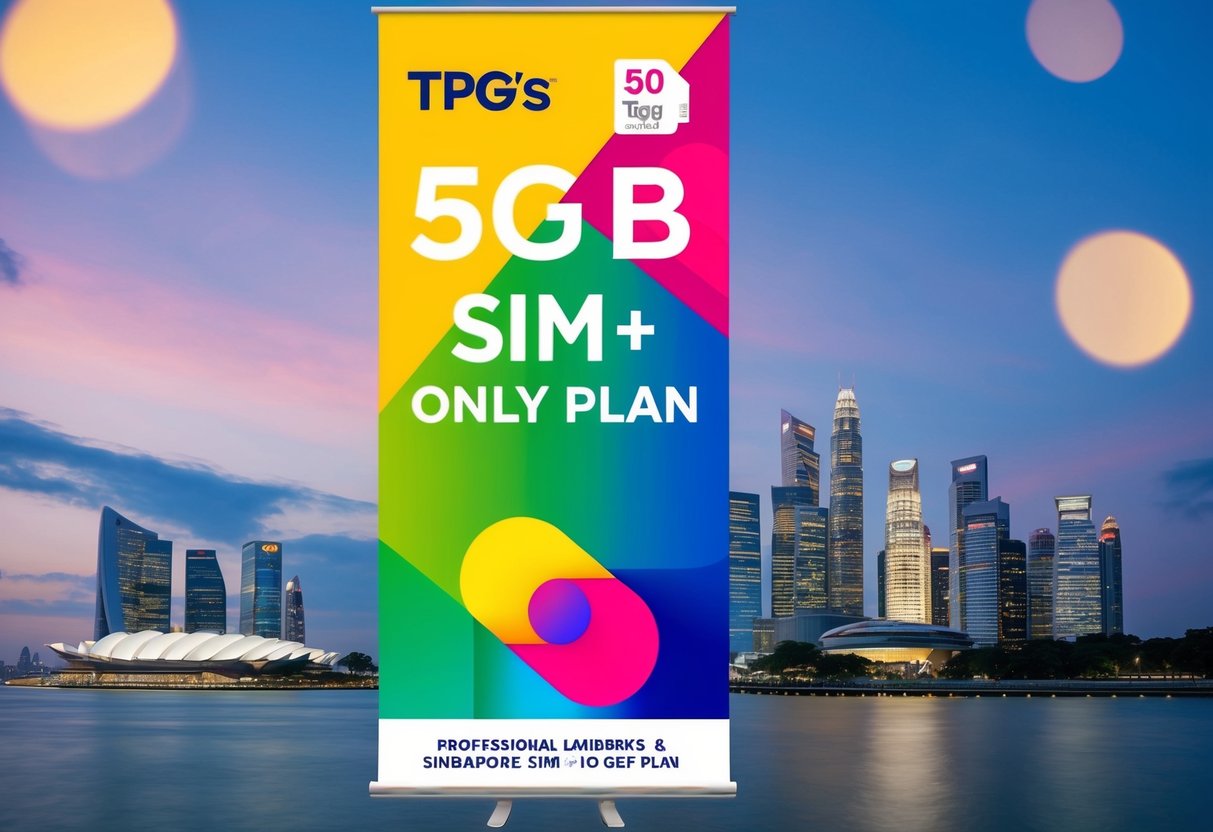 A colorful promotional banner featuring TPG's 50GB SIM-Only plan, with iconic Singapore landmarks in the background