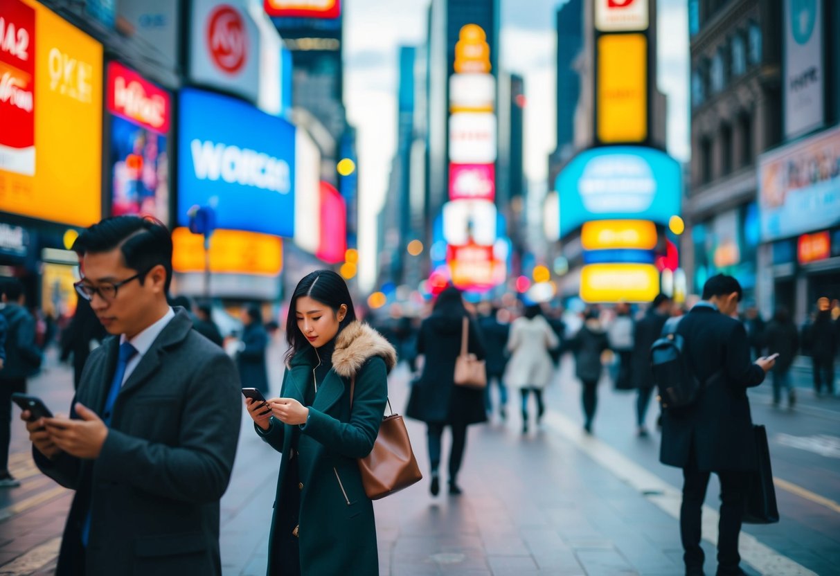 A bustling city street with colorful billboards and people browsing mobile phones