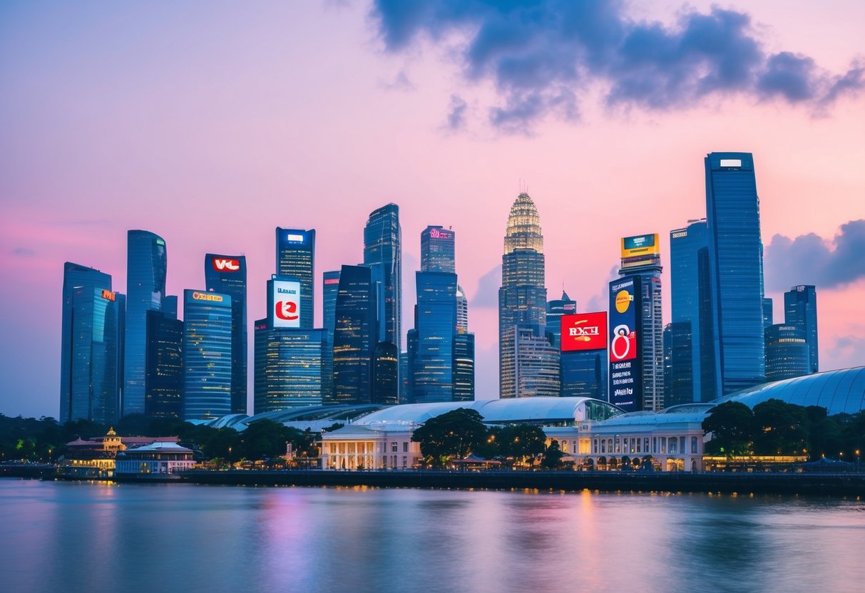 A vibrant cityscape with iconic Singapore landmarks and RedONE branding displayed prominently on billboards and digital screens