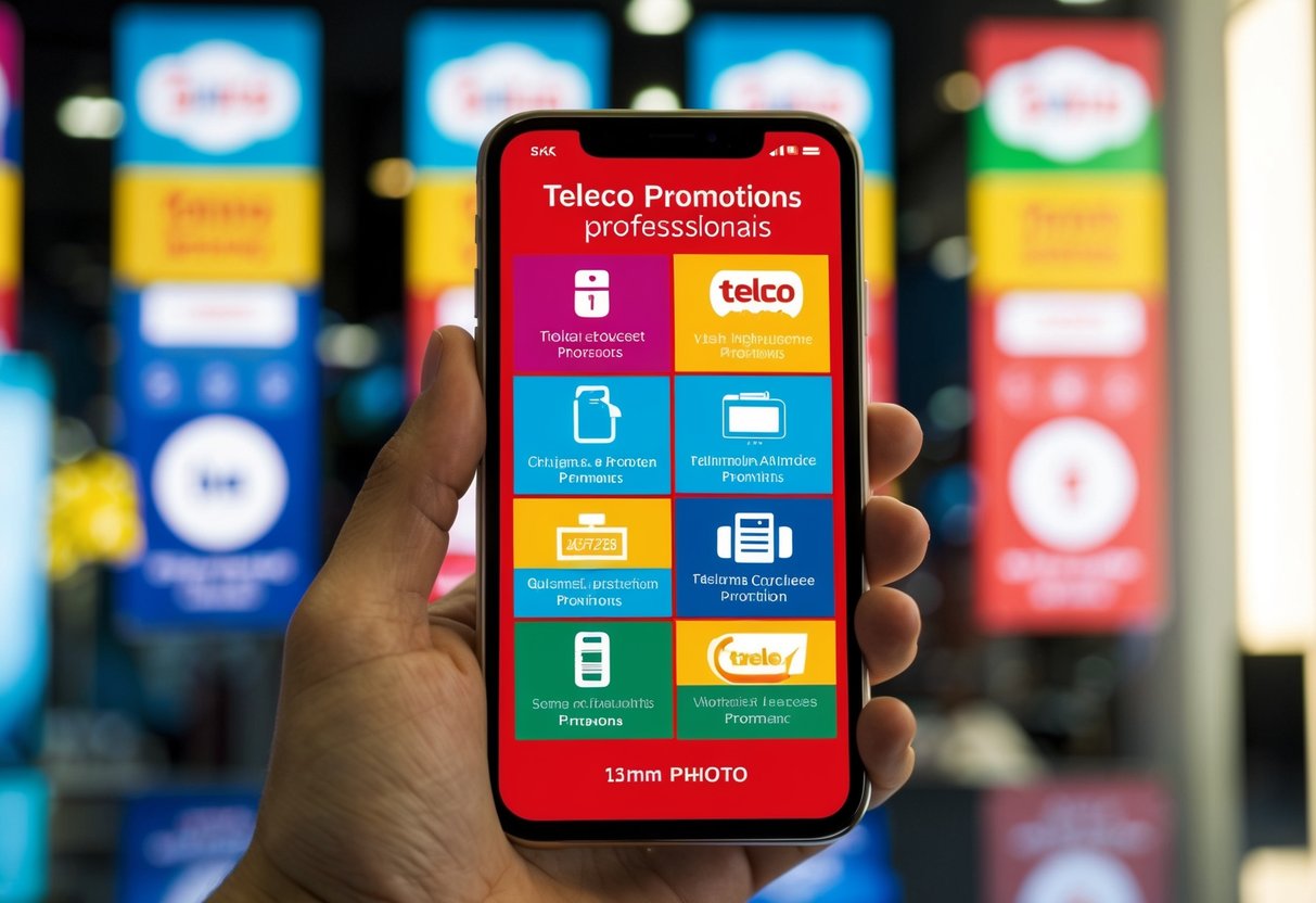 A smartphone displaying various telco promotions with colorful banners and icons