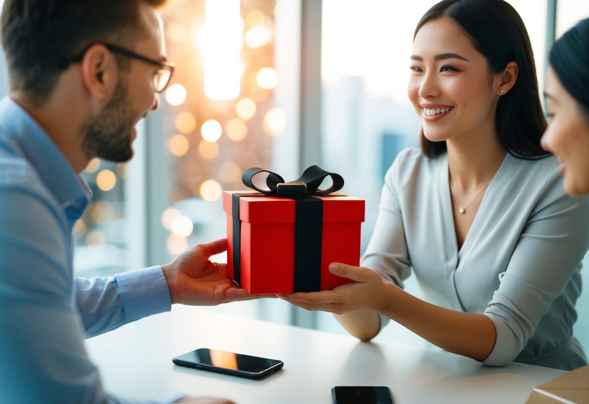 A customer receiving a gift box with a phone and a smile