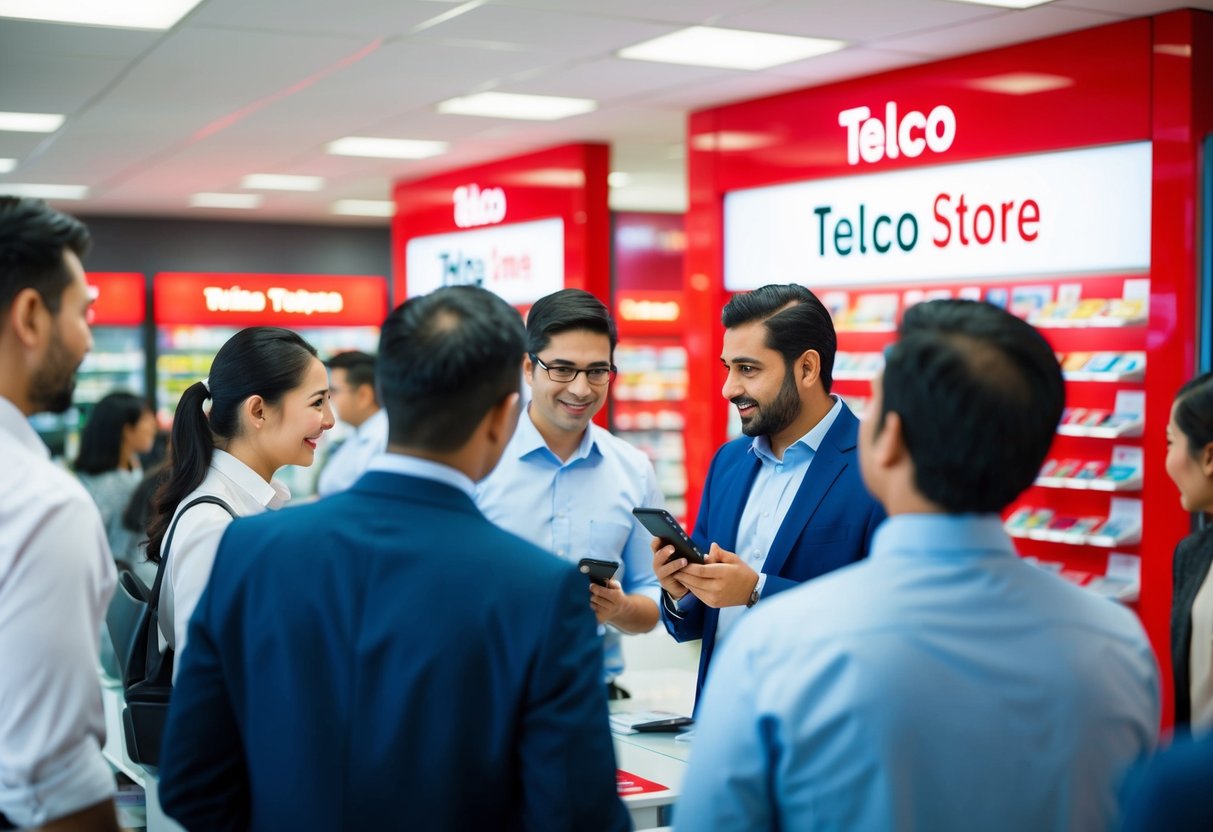 A bustling telco store with customers asking about promotions