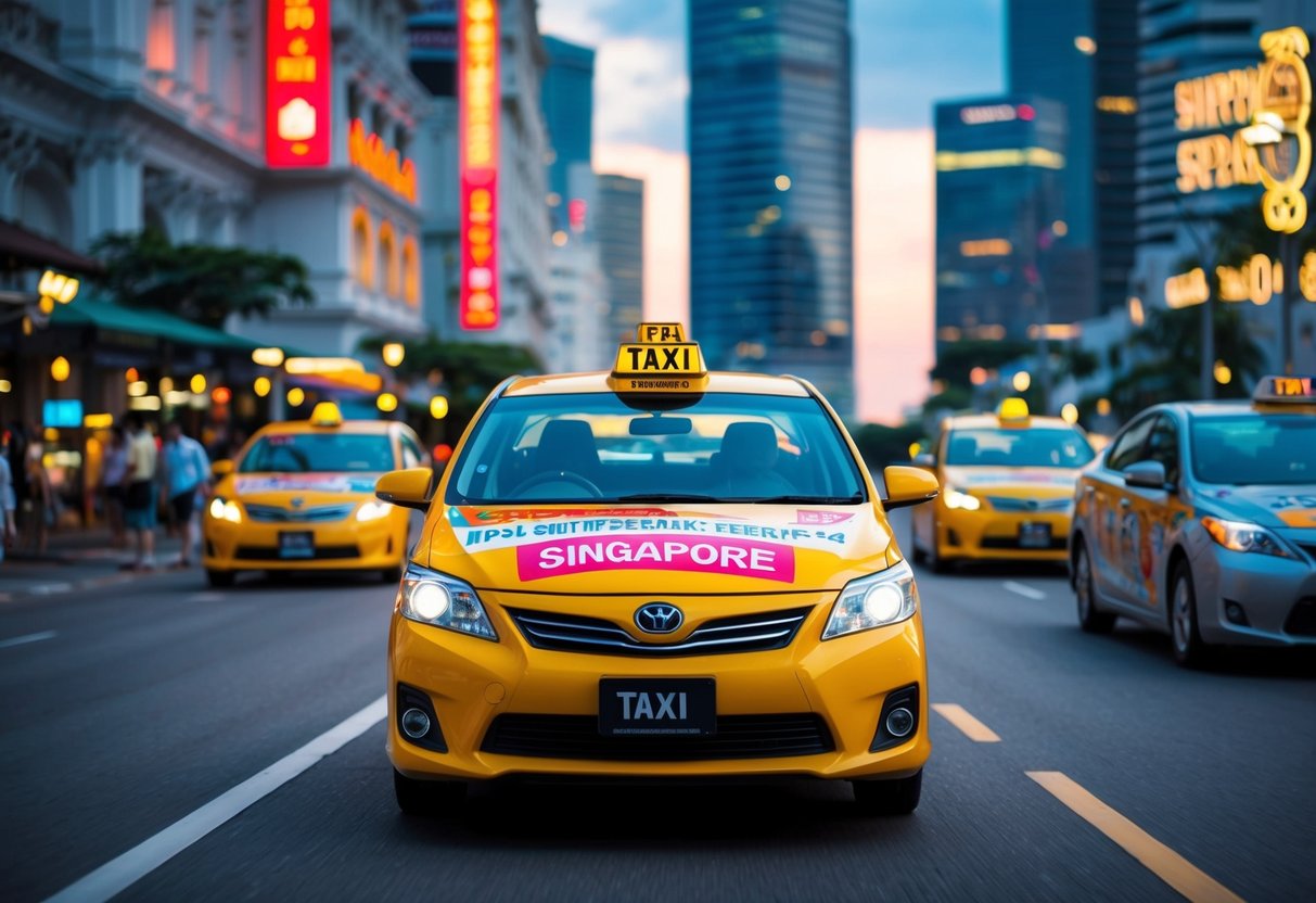 A vibrant taxi with colorful promotions driving through the bustling streets of Singapore