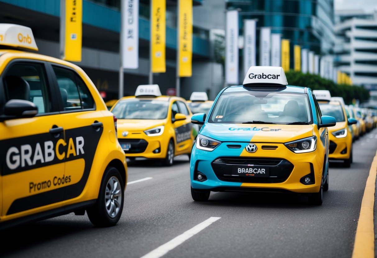 A colorful GrabCar vehicle with promo codes drives past a row of taxi promotions in Singapore