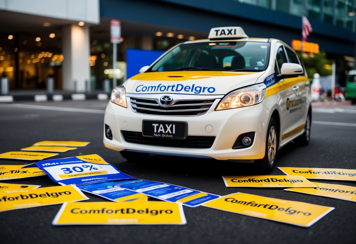 A taxi with ComfortDelGro branding, surrounded by discount vouchers and promotional materials in Singapore