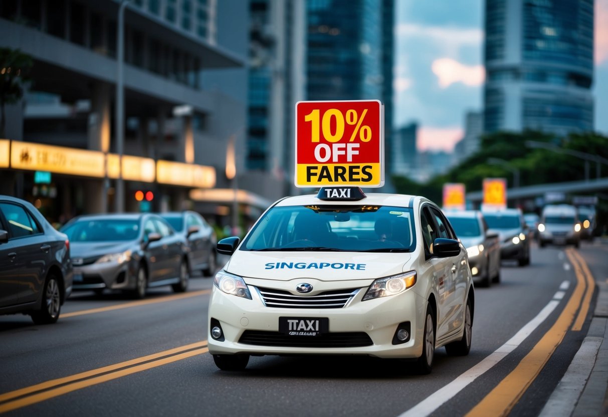 A taxi with a "10% off fares" promotion sign driving through the streets of Singapore