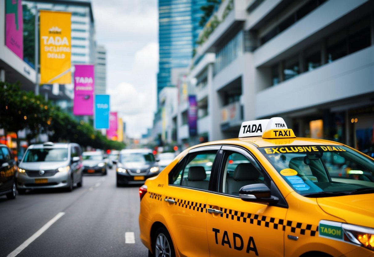 A taxi with a "TADA exclusive deals" sticker drives through the bustling streets of Singapore, passing by colorful promotional banners