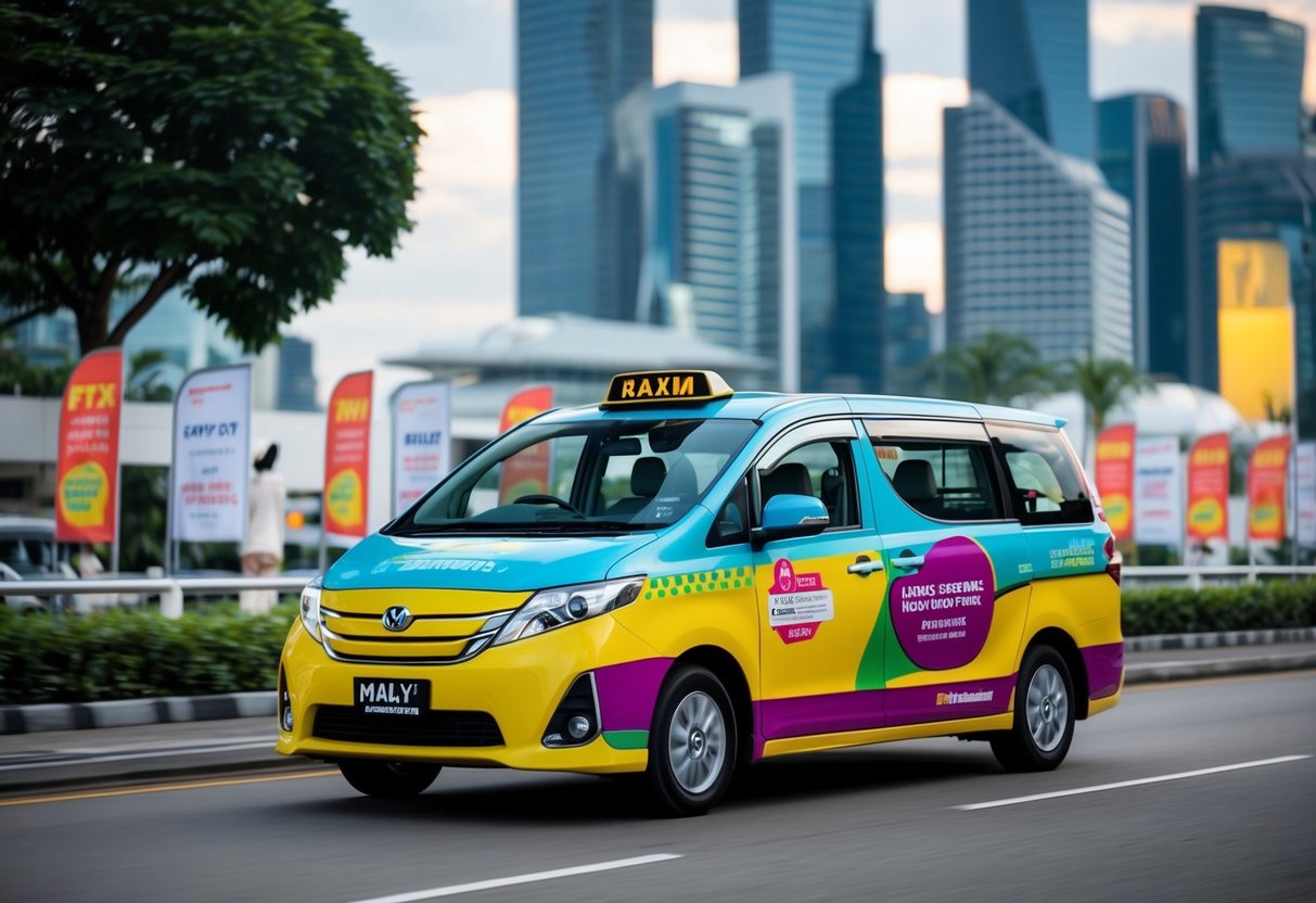 A colorful maxi cab driving through Singapore with promotional banners displayed on its exterior