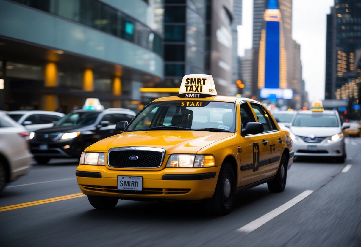 A yellow taxi driving through a bustling city, with a prominent "SMRT Taxi" logo on the side, and a cashback offer displayed on the roof