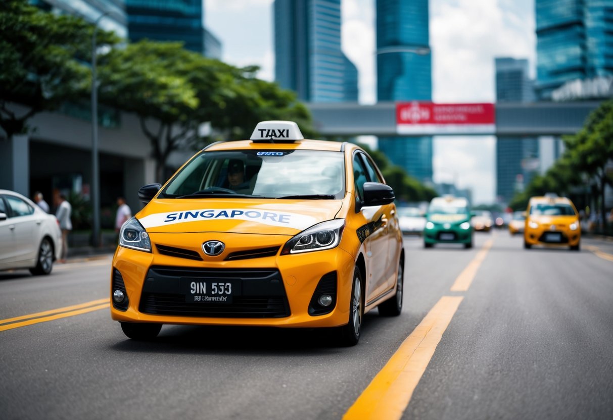 A colorful taxi with a promotional banner driving through the streets of Singapore