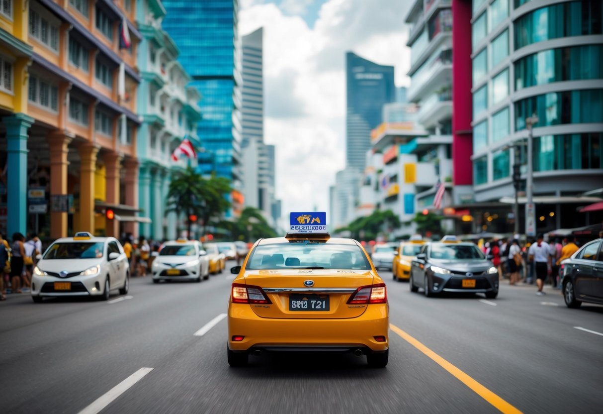 A taxi with a promotional banner on its roof drives through the busy streets of Singapore, passing by colorful buildings and bustling crowds