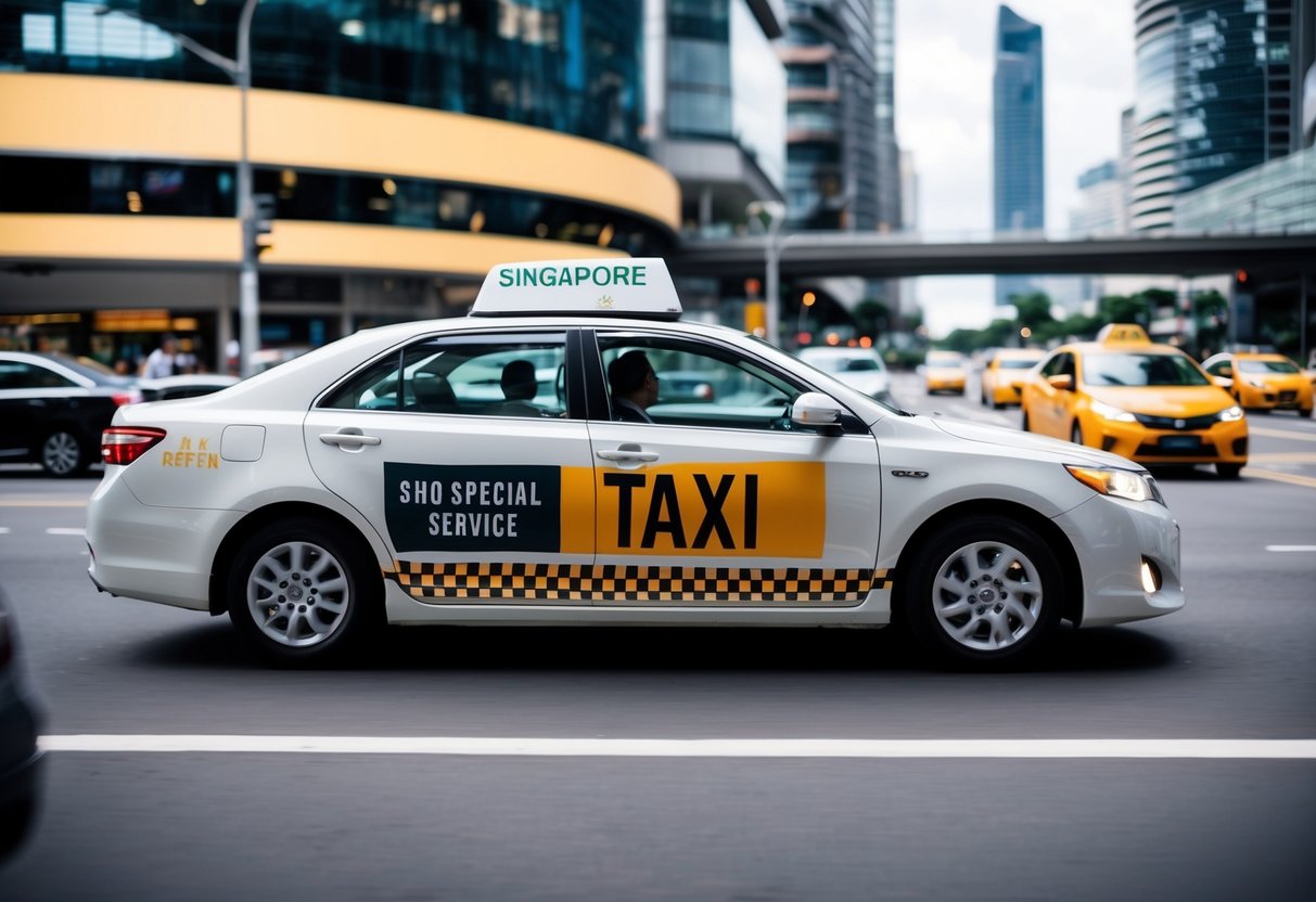 A taxi driving through a busy city street with a large advertisement on its side promoting a special taxi service in Singapore