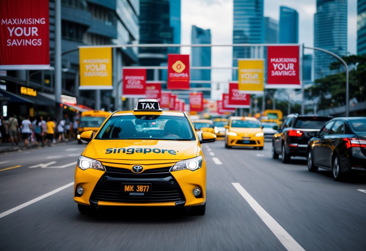 A taxi driving through a bustling city, adorned with promotional banners for "Maximising Your Savings" in Singapore