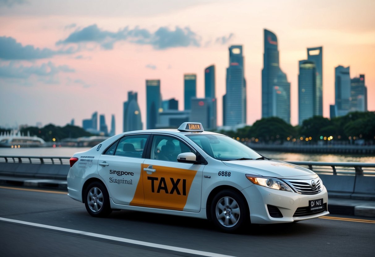 A taxi with promotional decals drives past iconic Singapore landmarks