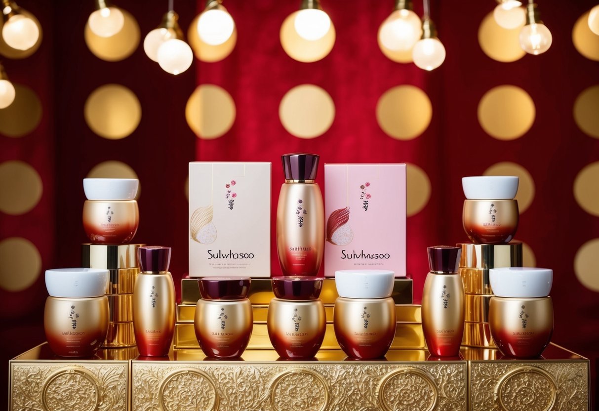 A display of Sulwhasoo products arranged on a luxurious gold and red backdrop, with soft lighting highlighting the packaging and logo
