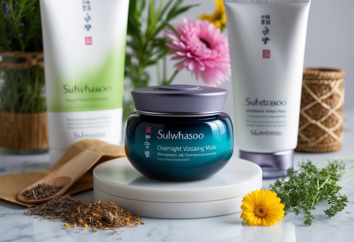 A jar of Sulwhasoo Overnight Vitalizing Mask surrounded by promotional materials and natural elements like flowers and herbs