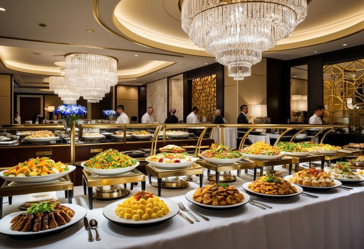 A lavish buffet spread at Mandarin Oriental, featuring colorful and mouthwatering dishes, with elegant table settings and a bustling dining area