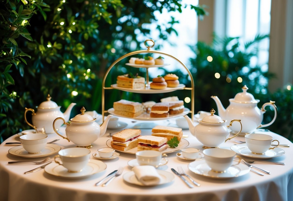 An elegant table set with an array of delicate pastries, sandwiches, and teapots, surrounded by lush greenery and soft ambient lighting