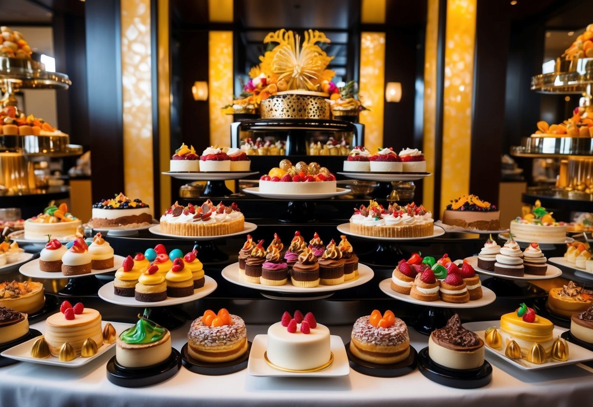 A lavish display of decadent desserts at the Mandarin Oriental buffet, adorned with colorful confections and intricate pastry creations