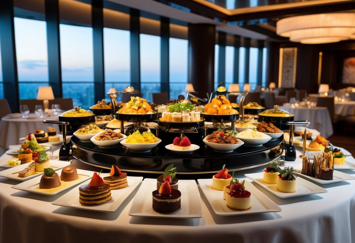 A lavish buffet spread at Mandarin Oriental, featuring a variety of gourmet dishes and decadent desserts, with elegant table settings and ambient lighting