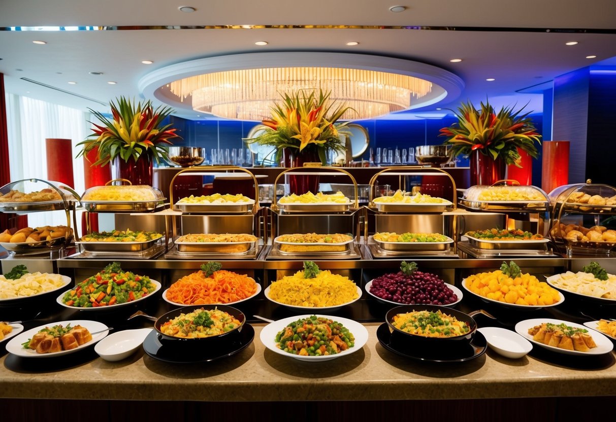 A lavish buffet spread with seasonal dishes and vibrant decor at Mandarin Oriental