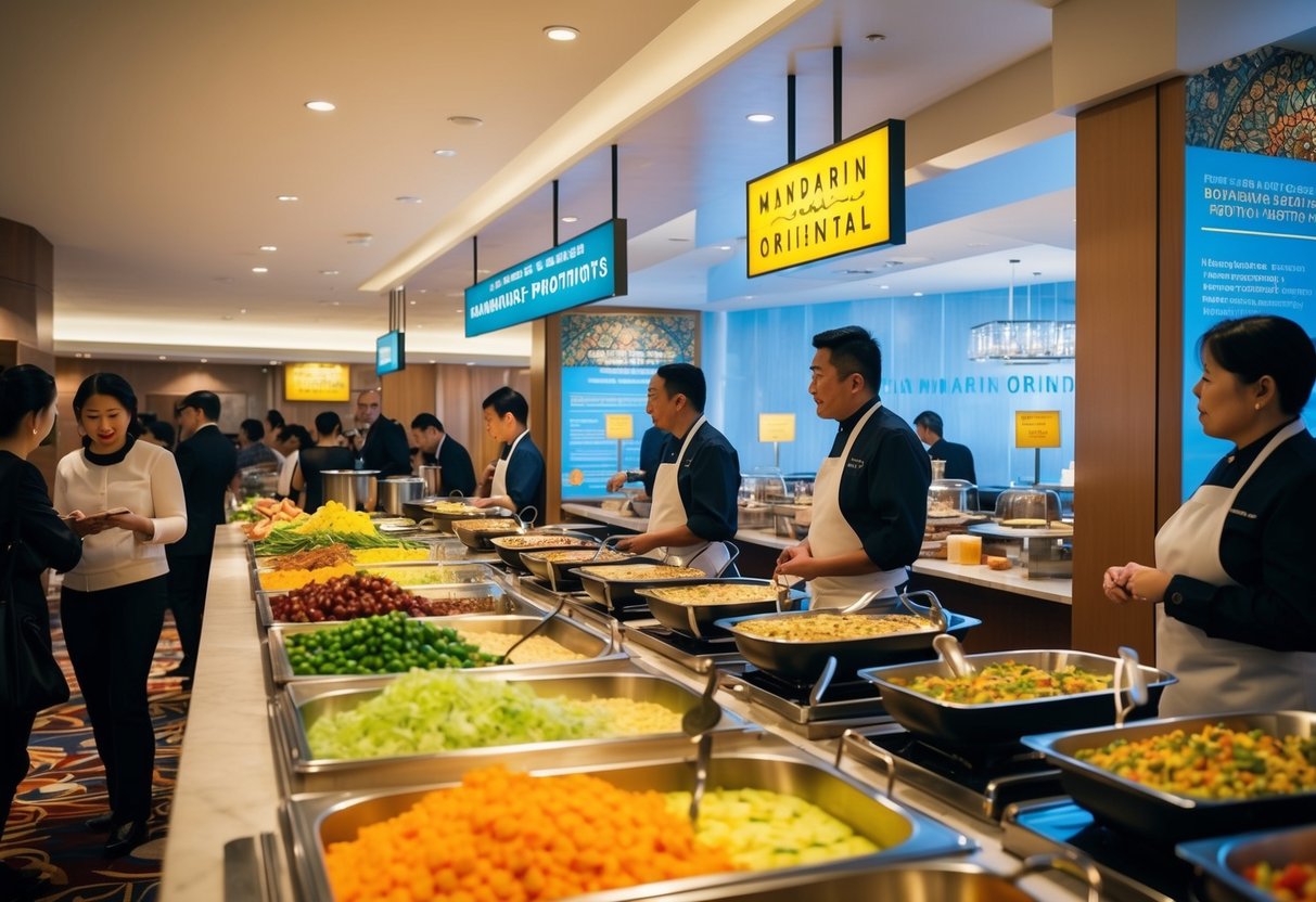 A bustling buffet area with colorful dishes and signage promoting Mandarin Oriental's promotions. Customers line up with questions