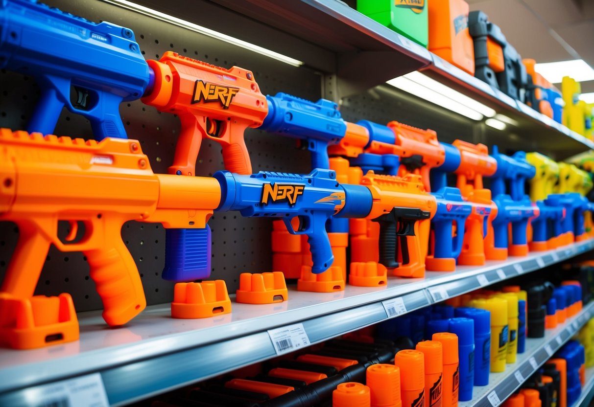 A colorful display of nerf guns and accessories arranged on a store shelf