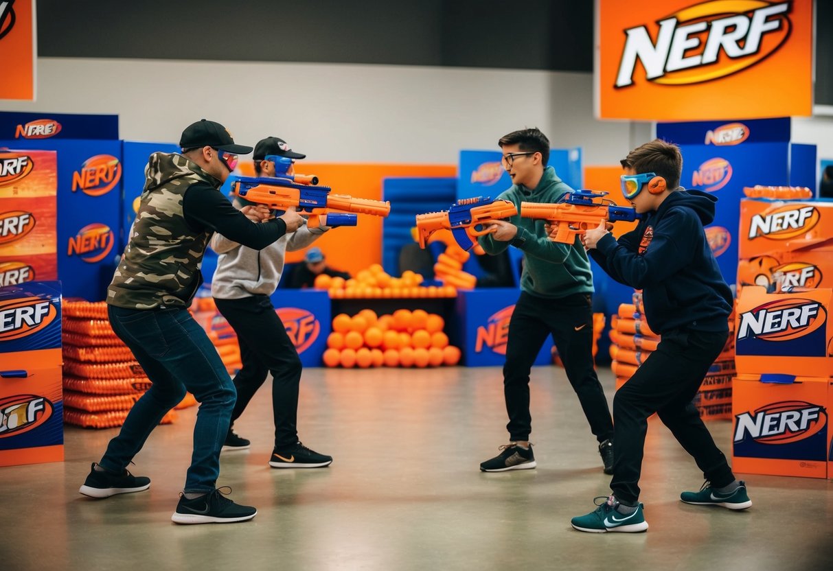 Two opposing groups engage in a lively blaster battle, surrounded by colorful Nerf promotional materials