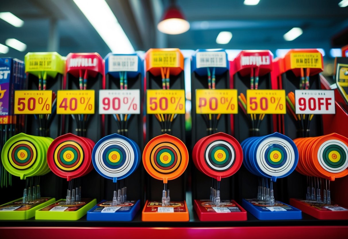 A display of colorful dart refill packs with promotional discount signs