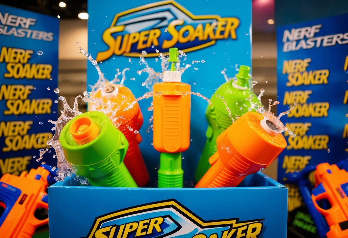 Colorful Super Soaker display with splashing water, surrounded by Nerf blasters and promotional signs