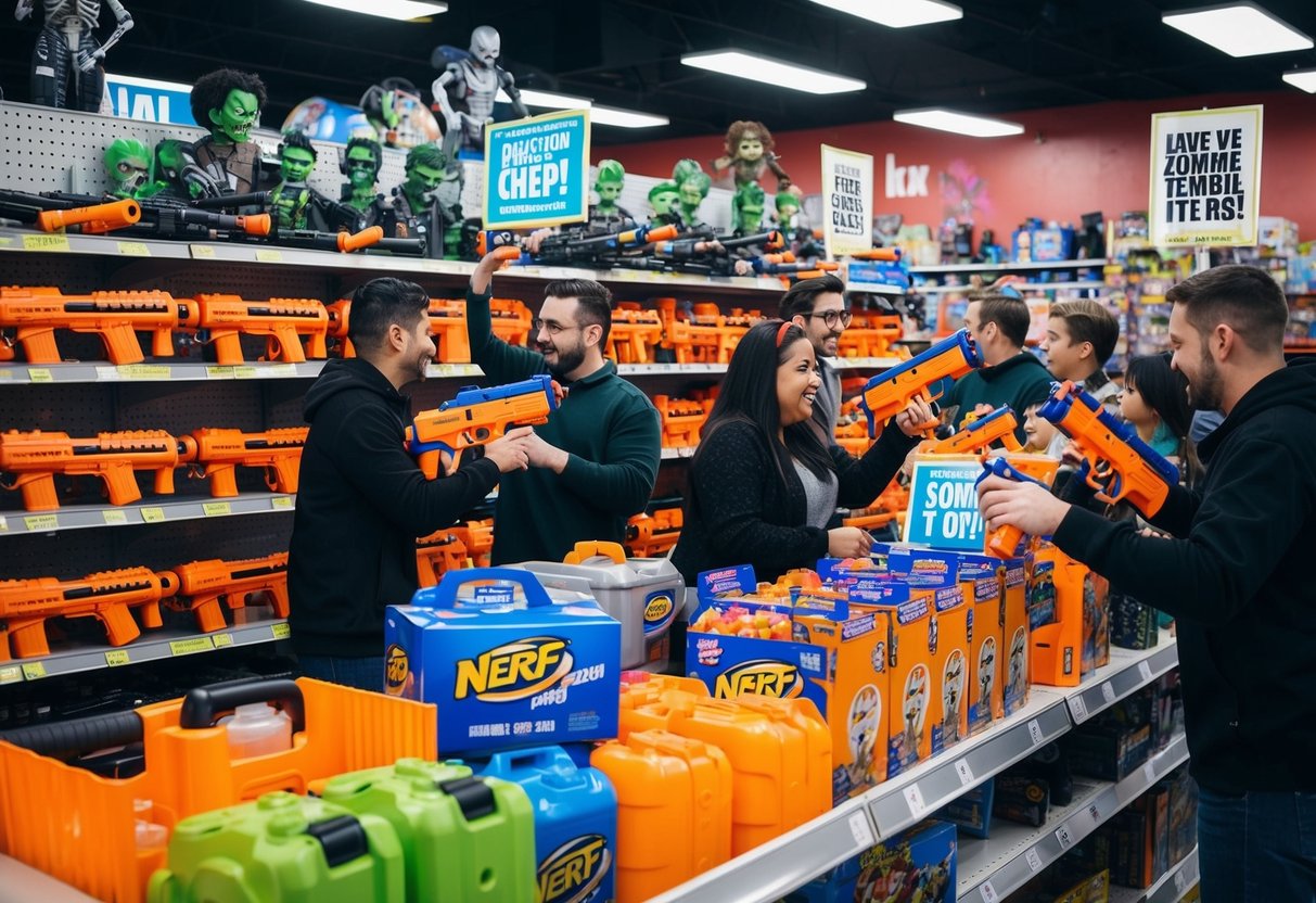 A chaotic toy store: shelves stocked with Nerf guns, zombie-themed decorations, and promotional signs. Customers eagerly grab discounted items