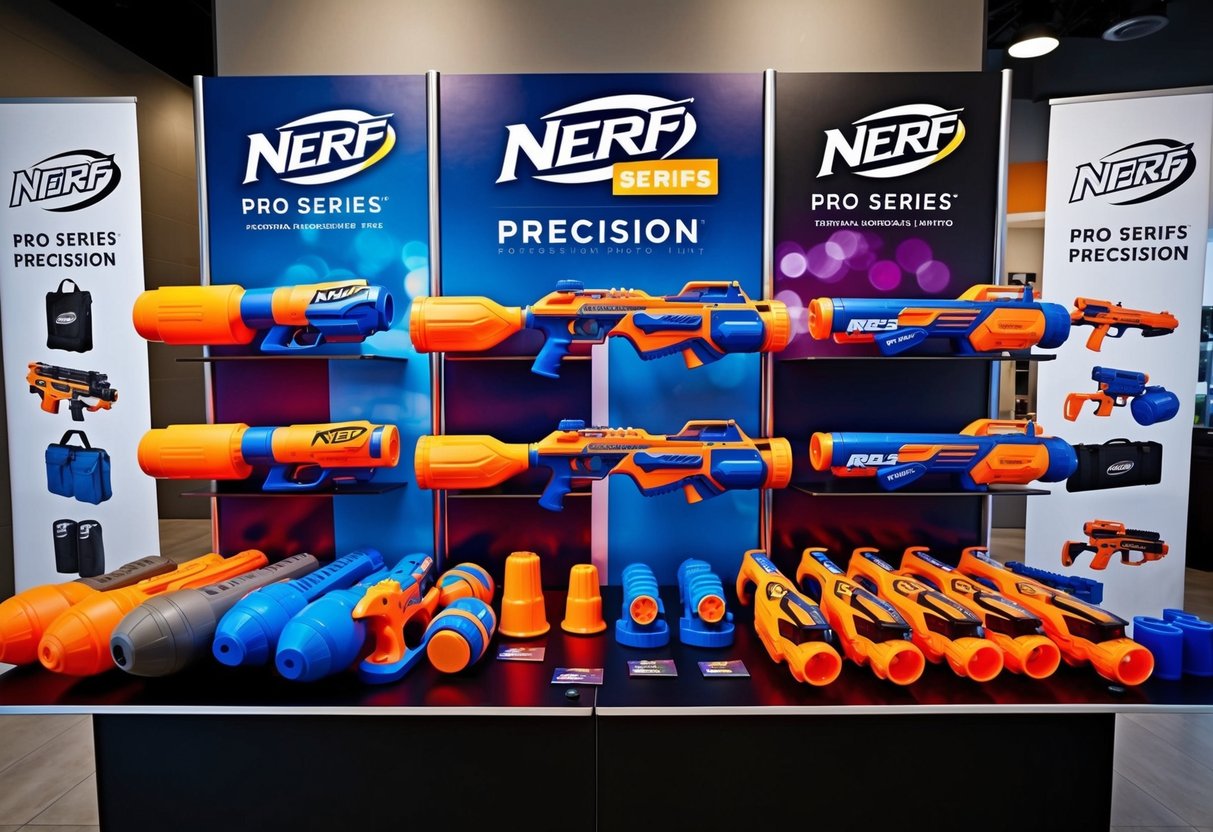 A colorful display of Nerf blasters and accessories arranged in a sleek and modern setting, with promotional signage and banners highlighting the Pro Series Precision line