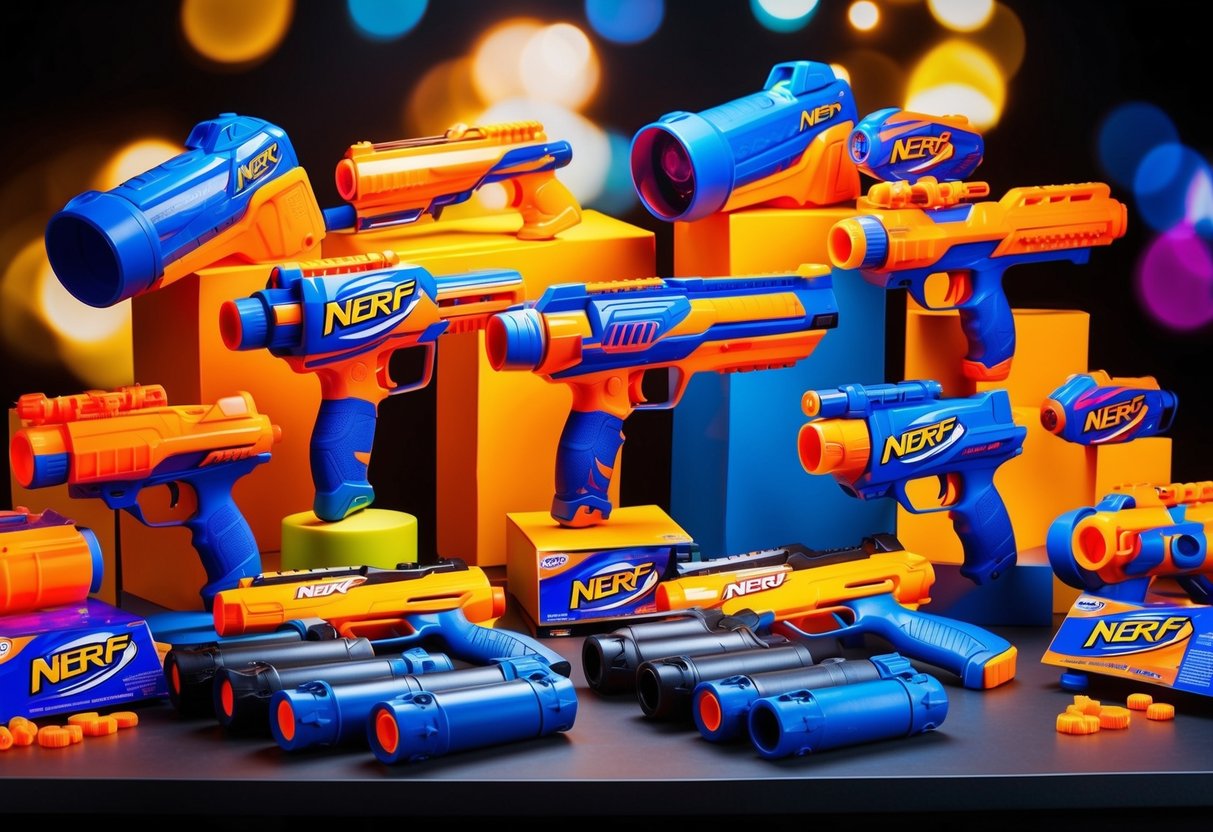 A colorful display of Nerf blasters and accessories arranged in a dynamic and eye-catching promotional setup