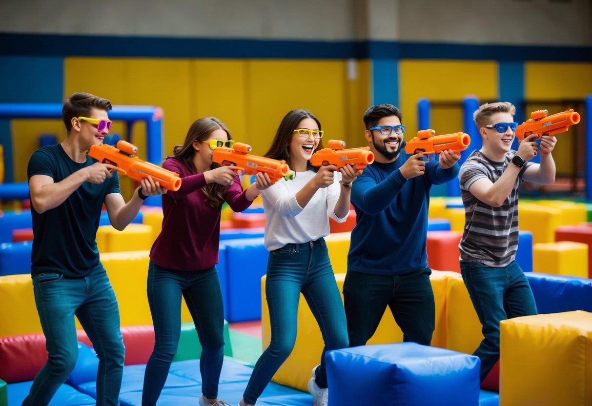 A group of friends joyfully engage in a Nerf battle, dart blasters in hand, amidst a colorful, obstacle-filled indoor arena