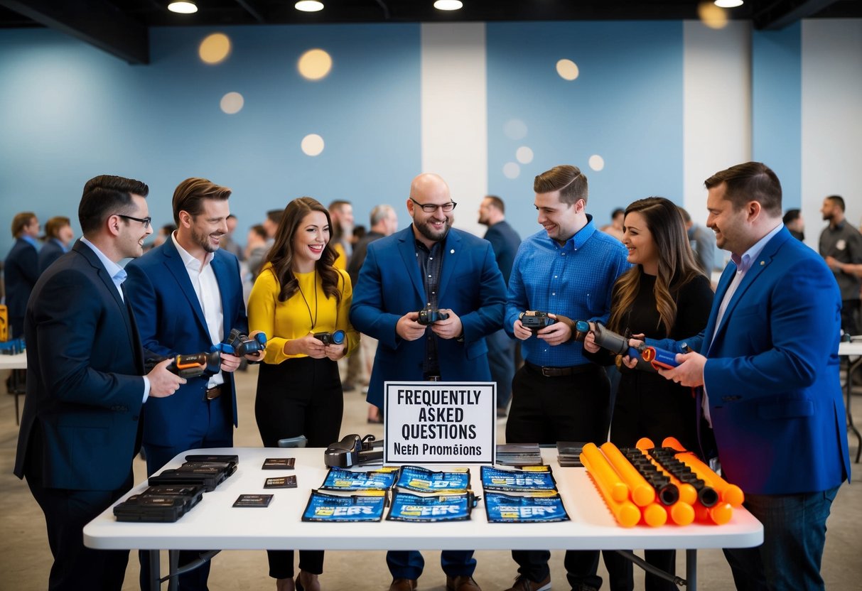 A group of people gathered around a table with promotional materials and a sign reading "Frequently Asked Questions nerf promotions."