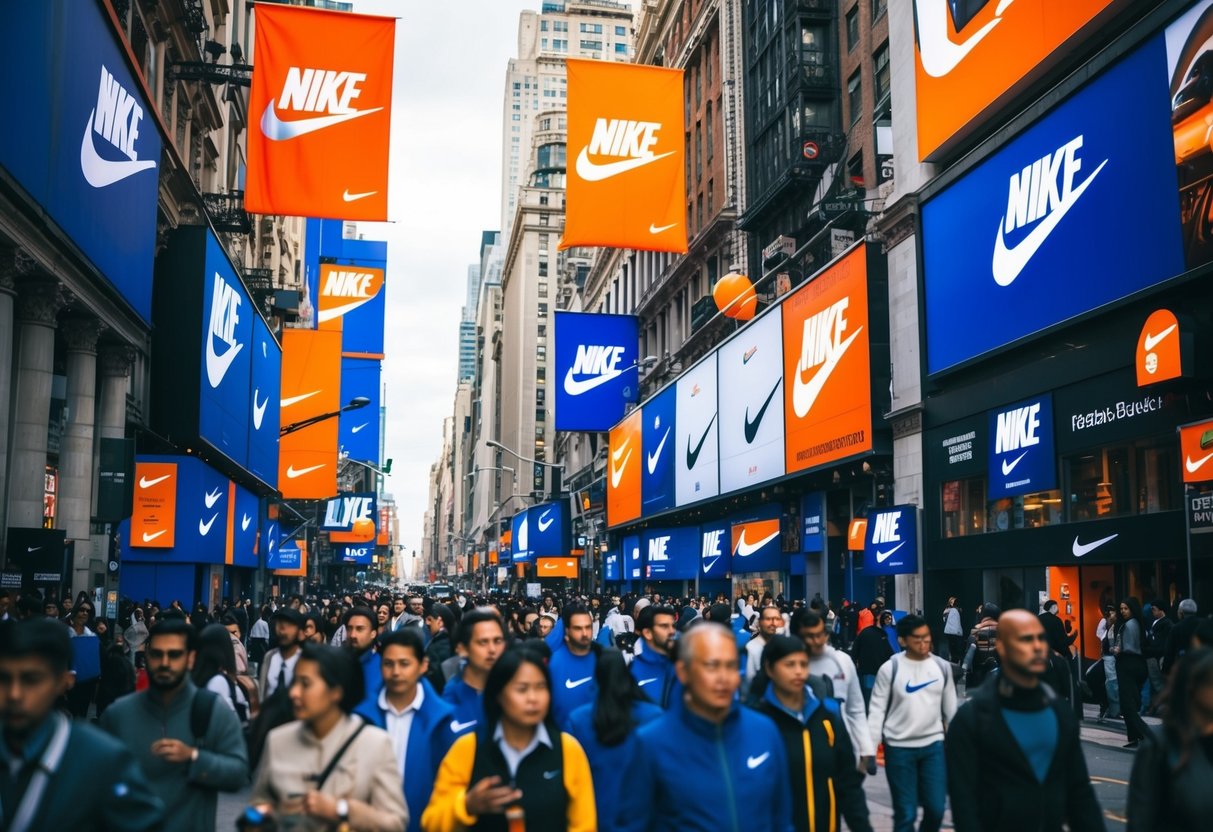 A vibrant city street with large Nike banners and posters, bustling with people and showcasing various Nike products and promotions