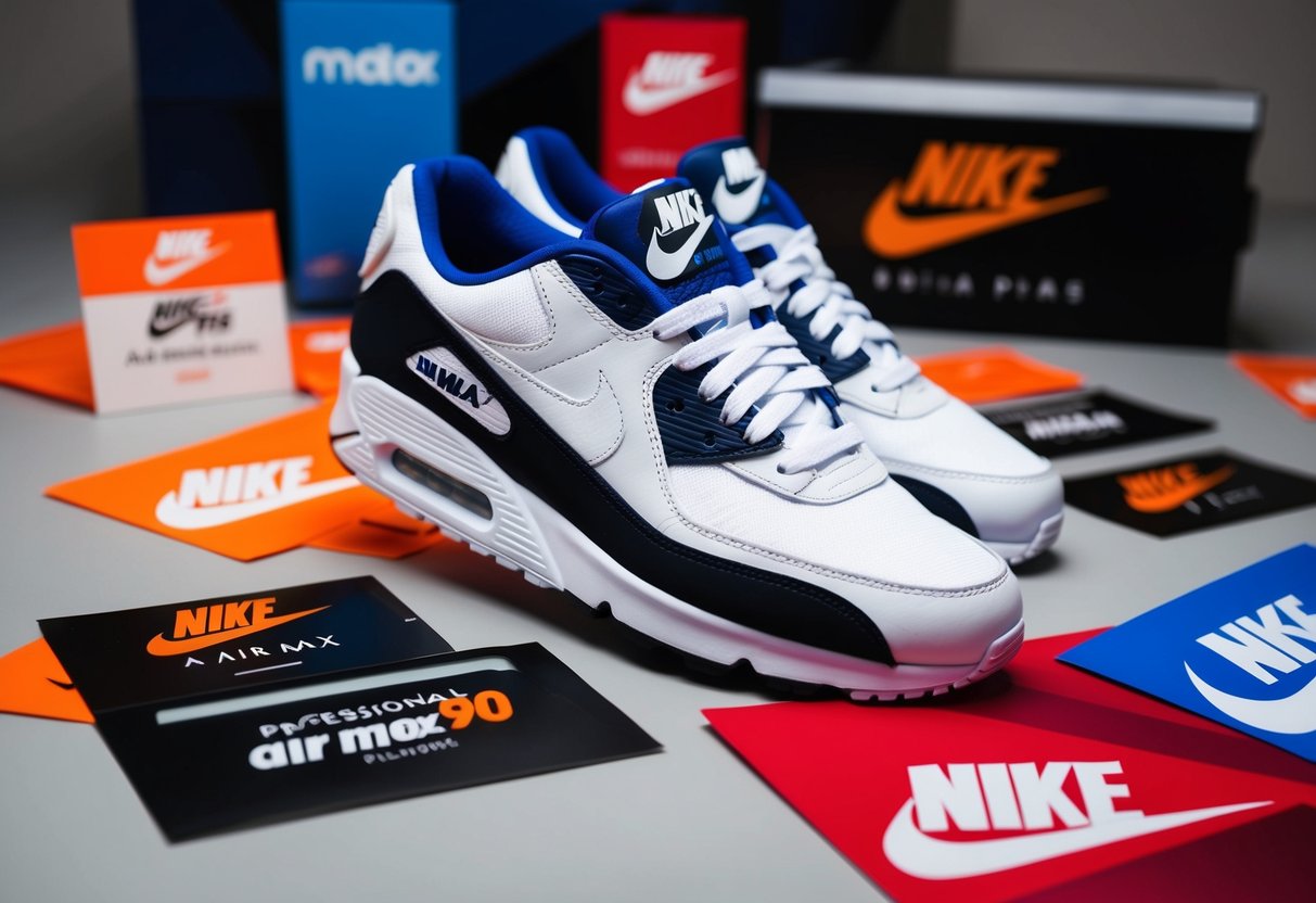 A pair of Nike Air Max 90 sneakers surrounded by promotional materials and branding