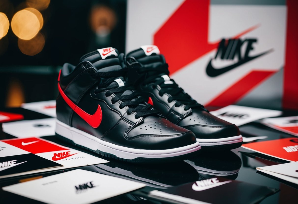 A pair of Nike Dunk Low sneakers surrounded by promotional materials and branding