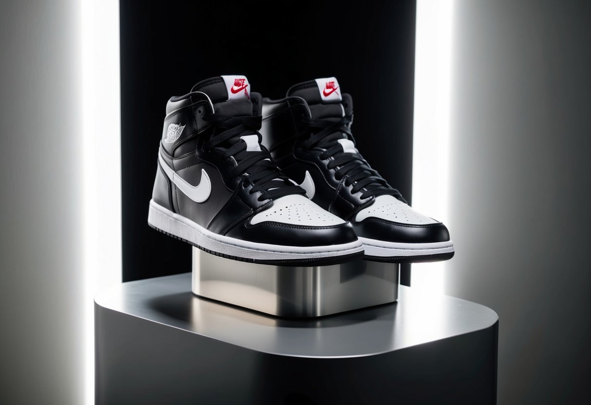 A pair of Air Jordan 1 Retro High OG sneakers displayed on a sleek, modern pedestal with dramatic lighting