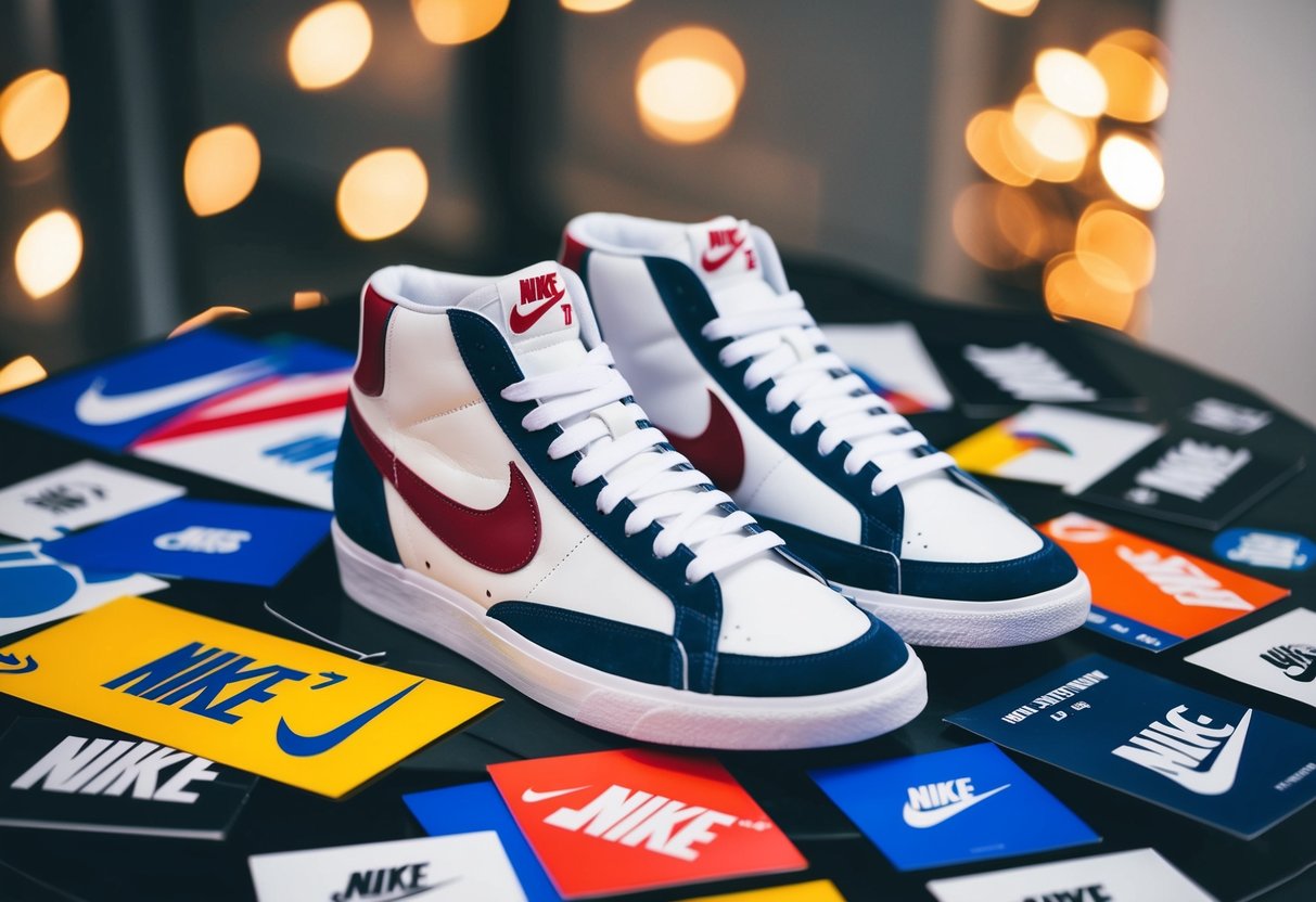 A pair of Nike Blazer Mid '77 sneakers surrounded by various promotional materials and logos