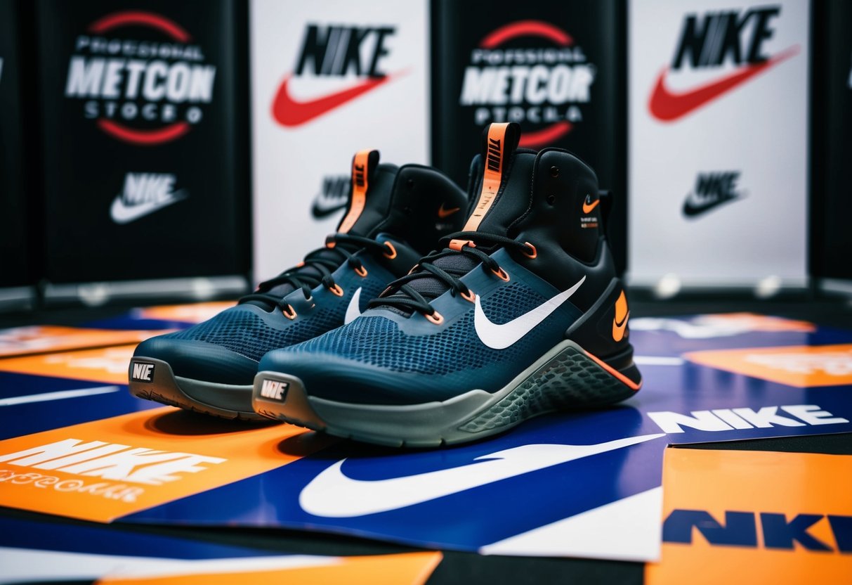 A pair of Nike Metcon 8 shoes surrounded by promotional banners and logos