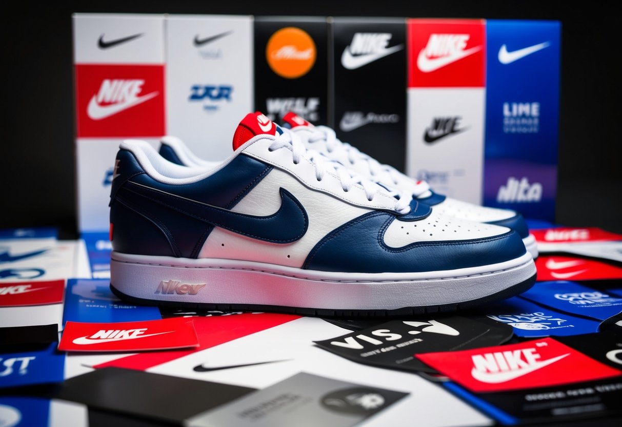 A pair of Nike Court Vision Low sneakers surrounded by promotional materials and logos