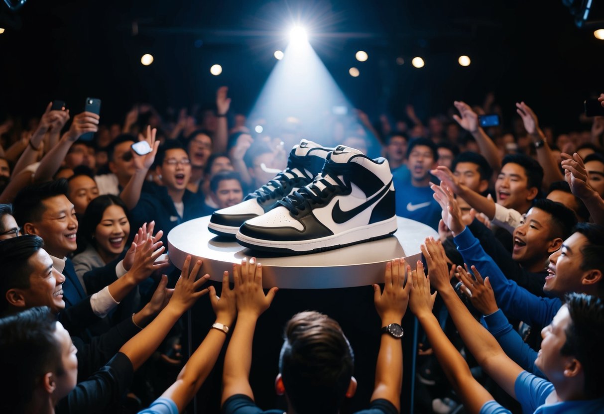 A pair of Nike sneakers displayed on a podium with a spotlight shining on them, surrounded by a crowd of people eagerly reaching out towards them