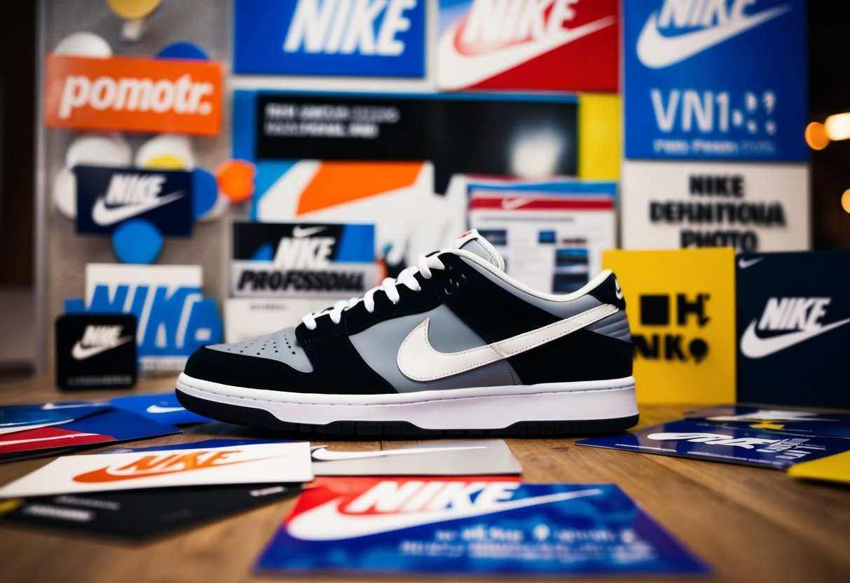 A pair of Nike sneakers surrounded by various promotional materials and signs, with the iconic Nike swoosh logo prominently displayed