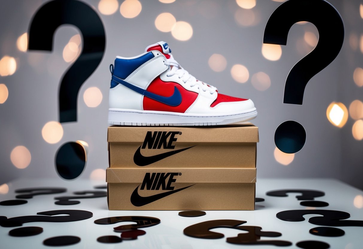 A stack of Nike shoe boxes surrounded by question marks