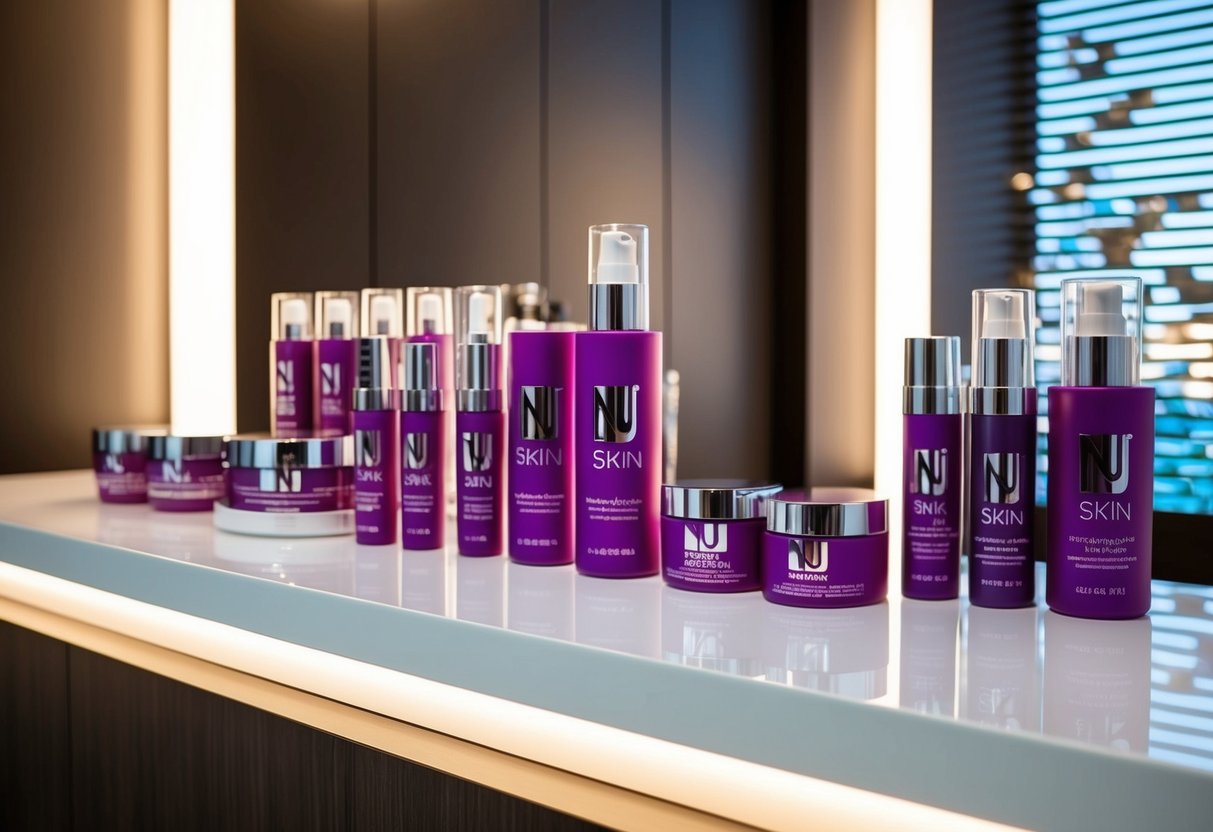 A vibrant display of Nu Skin products arranged on a sleek, modern counter with soft, flattering lighting