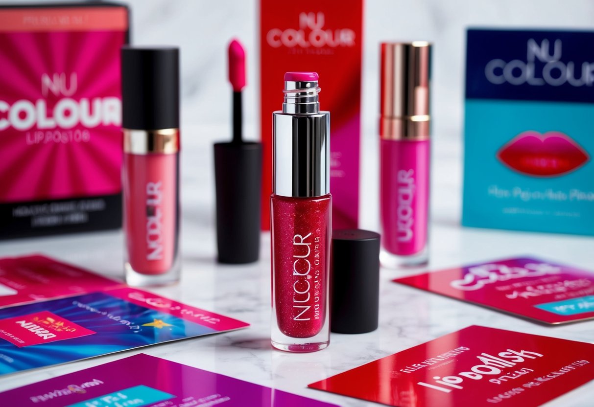 A sparkling tube of Nu Colour Lip Polish surrounded by vibrant promotional materials
